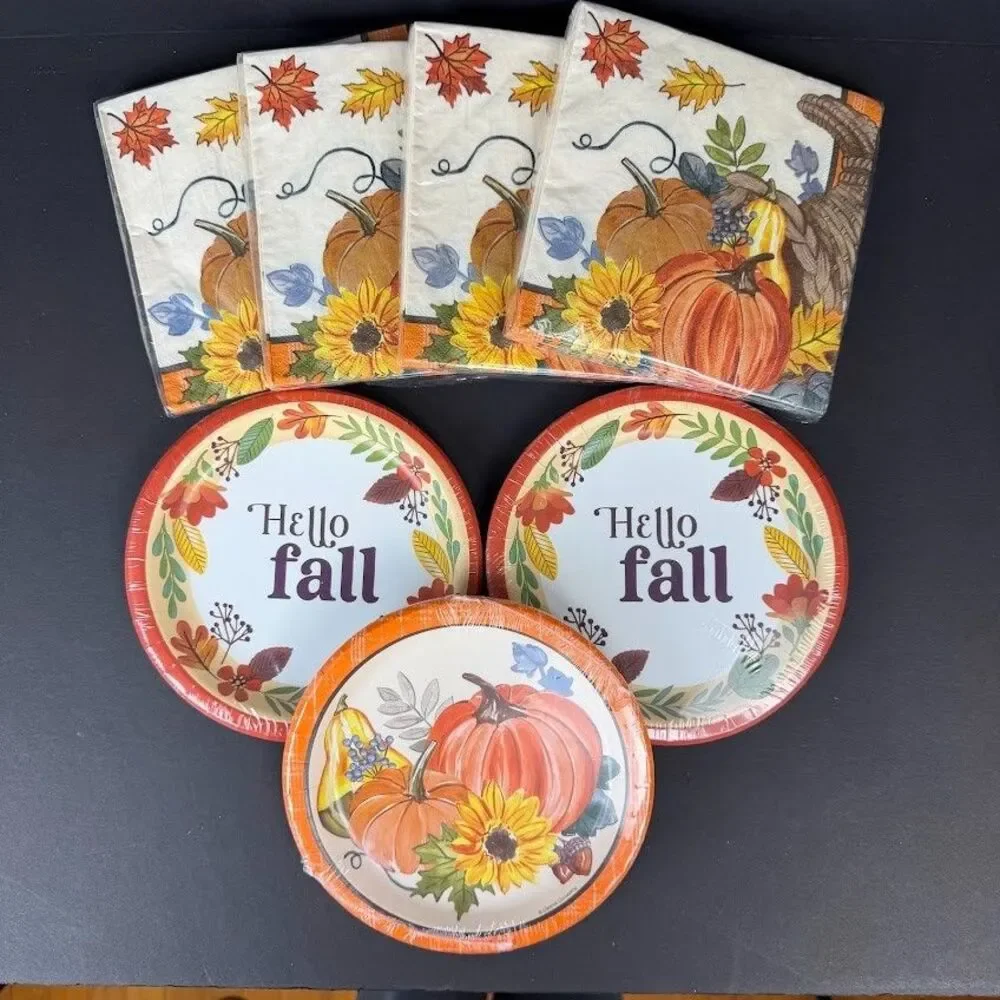 3 Packs Small Paper Plates, 4 Packs Paper Luncheon Napkins-Fall/Thanksgiving-NEW